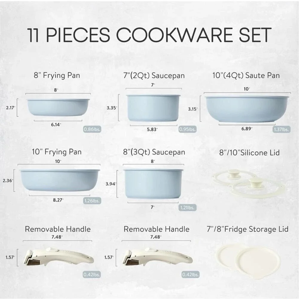 Carote‎ 11 Piece Blue Cookware Set Non Stick Pots Pans with Removable Handles